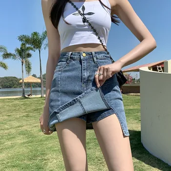 Denim Short Skirt Women's New Summer High Waist Split Half Body Retro Wrapped Hip Skirt  A-line Pant Skirt
