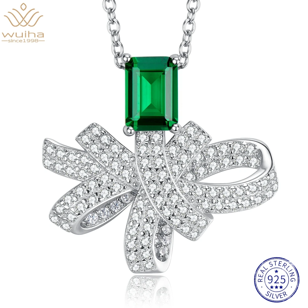 

WUIHA Real 925 Sterling Silver Bowknot 5*7MM Emerald Synthetic Moissanite Wedding Pendant Necklaces for Women Gift Drop Shipping