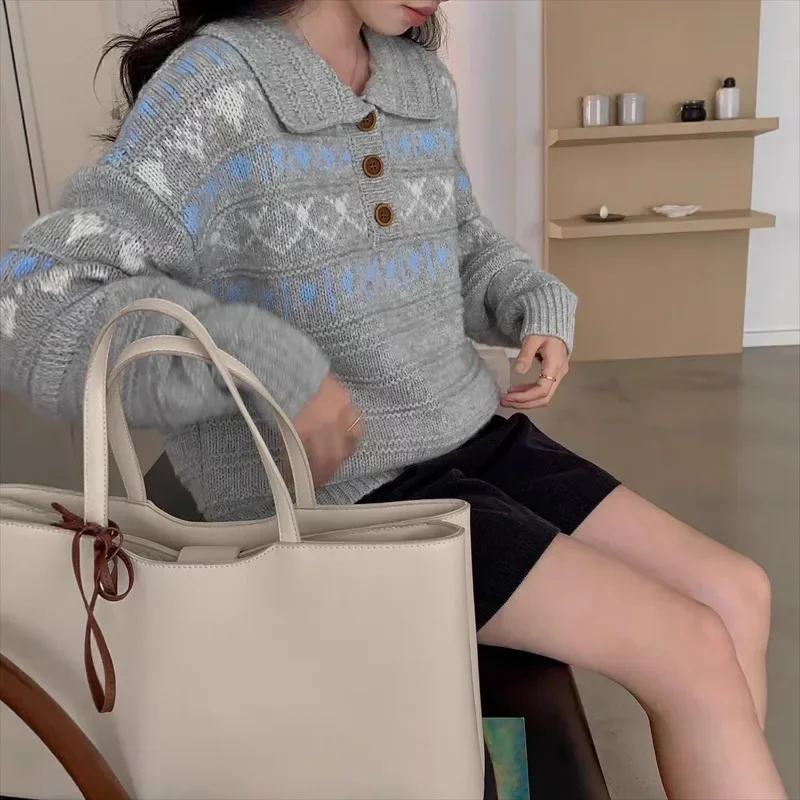 Fashion New Autumn and Winter Women's Clothing Polo Collar Women's Long-sleeved Sweater Casual Elegant Jacquard Top Knitwear
