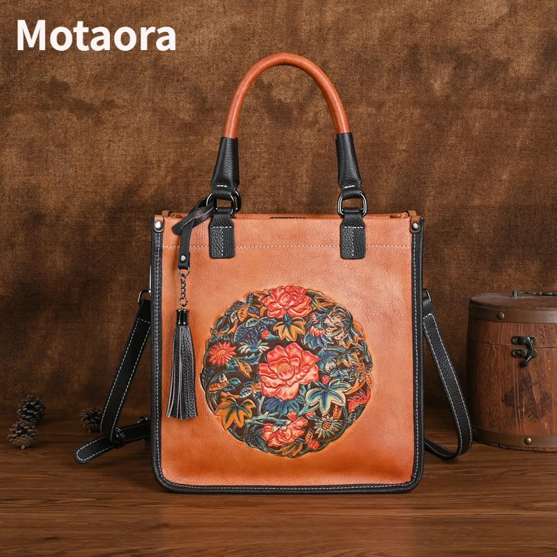MOTAORA Large Capacity Ladies Casual Tote 2023 New Retro Embossed Women Handbags Genuine Leather Woman Shoulder High Quality Bag