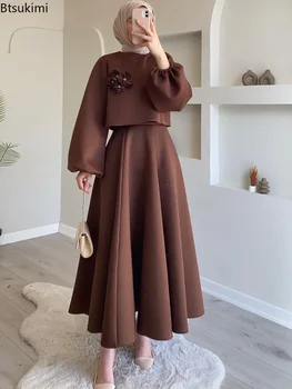 Abito elegante da donna 2 pezzi Fiore Decorazione tridimensionale Manica a lanterna Top Gonna a trapezio Abito musulmano Abaya Turchia Set