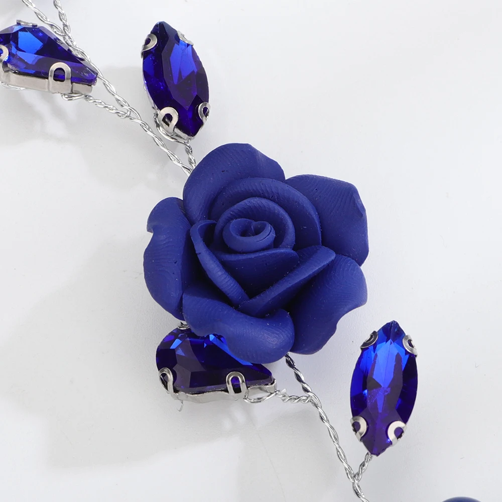 Trendy Wedding Headpiece Blue Flower Rhinestone Headband for Bridal Hair Accessories Pearl Simple Ornament Tiara Bride Headdress