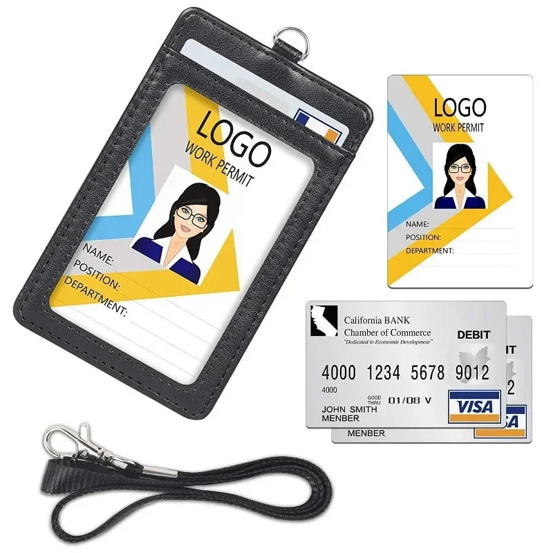 

Women Men Black ID Card Neck Lanyard for School ID Credit Card Bags PU Leather Credit Card Holder Wallet Badge Holder Bags