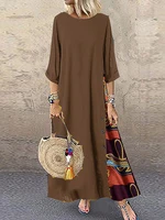 Women Vintage Print Patchwork Maxi Dress Boho 3/4 Sleeve Oversized Long Dress Casual Harajuku O Neck Loose Dress Elegant Robe - Image 3