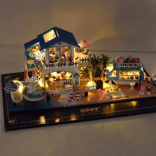 Mini Size Casa DIY Wooden Doll House Kit Miniature with Furniture Blue Ocean Cottage Dollhouse Toys for Friends Girls Xmas Gifts 3