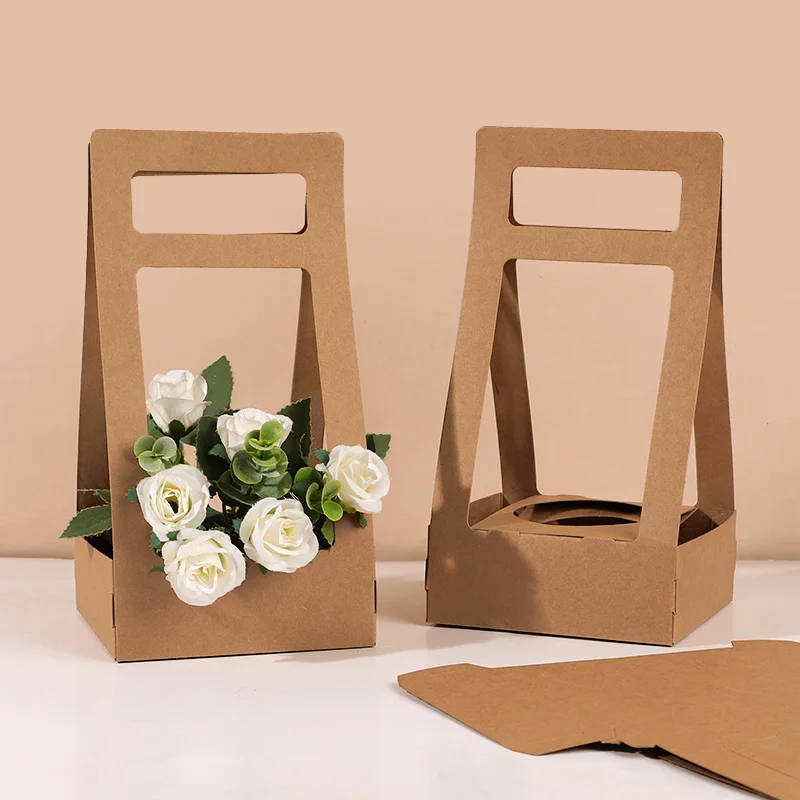 3/5Pcs Handheld Flower Box Kraft Paper Rose Flower Bouquet Basket Wedding Birthday Party Gift Wrap Packaging Box Home Decoration