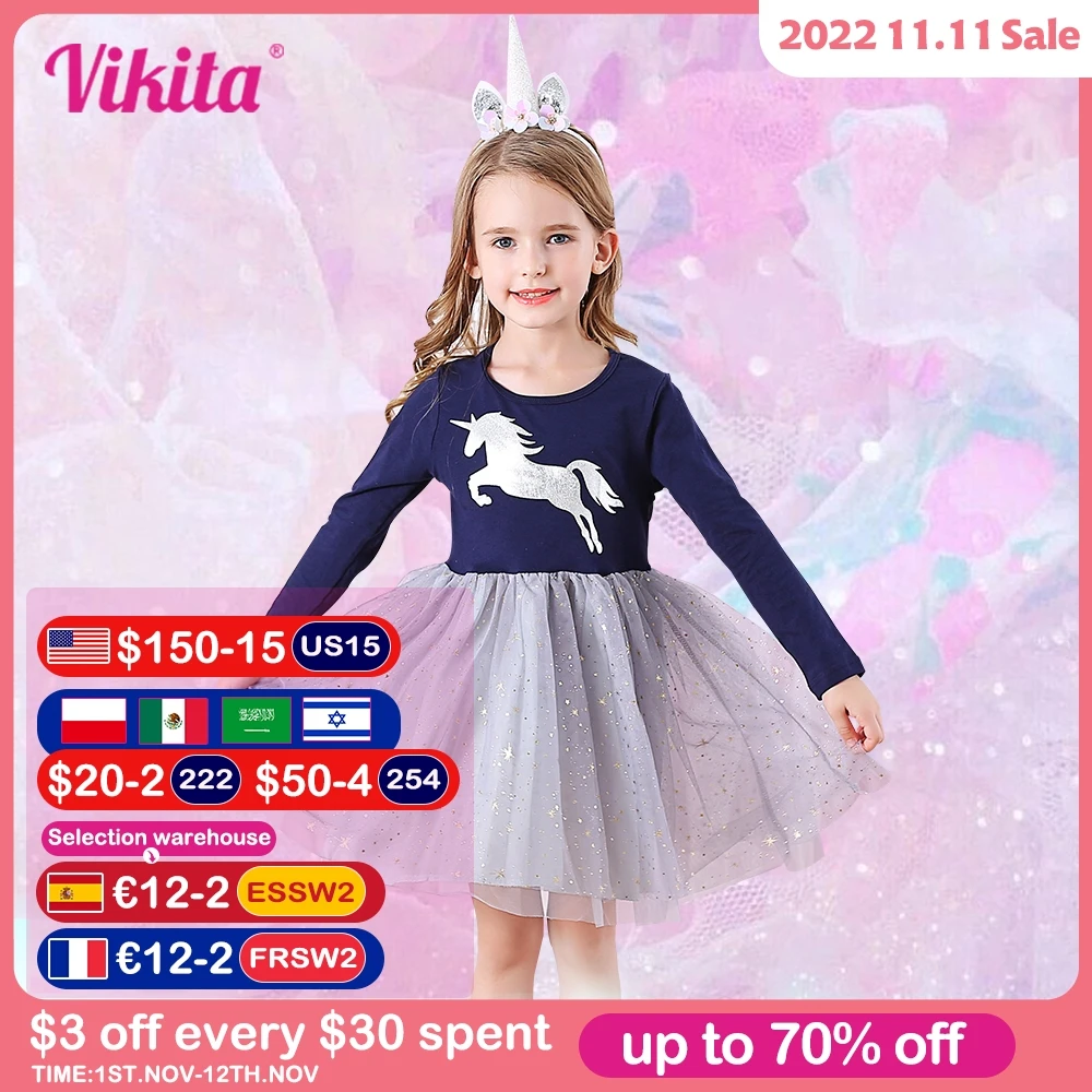VIKITA Girls Unicorn Dress Girl Autumn Long Sleeve Dark Gauze Skirt Dresses Kids School Princess Children Clothes 3 8 Years|Dresses| - AliExpress