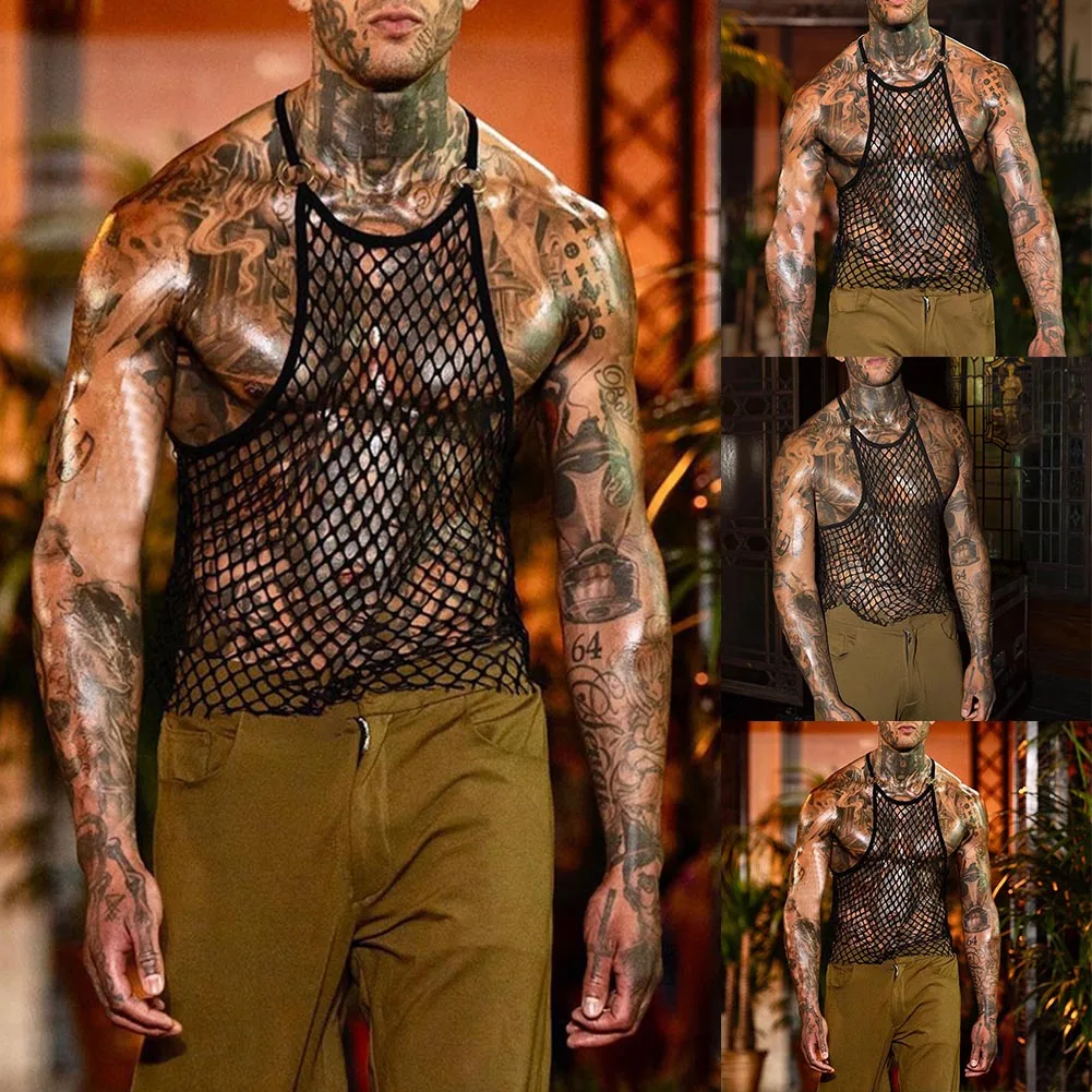 

Sexy Mesh Tank Tops Mens Sleeveless Fishnet Muscle Vest Male Training Gym Sleeveless Tops Transparent Undershirts Hollow Out