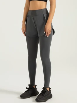 Fake Two-piece Compression Sports Leggings For Women, 2-in-1 High Waist Moisture-wicking Yoga Leggings, Women's Activewar