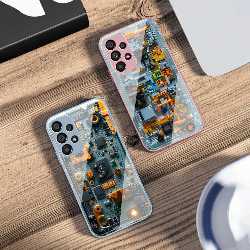 Luxury Black Mechanical Design Phone Case with Tempered Glass Cover