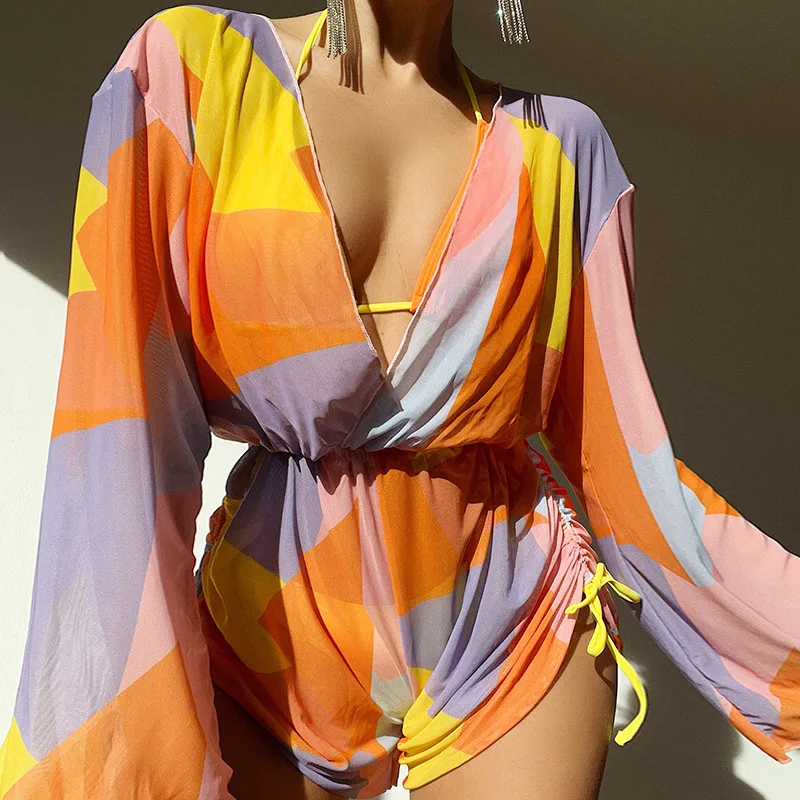 

4 Piece Chiffon Swimwear Contrast Color Print Bikini Women 2023 Sunscreen Cover-ups Swimsuit Boxer Brief Bathing Suit