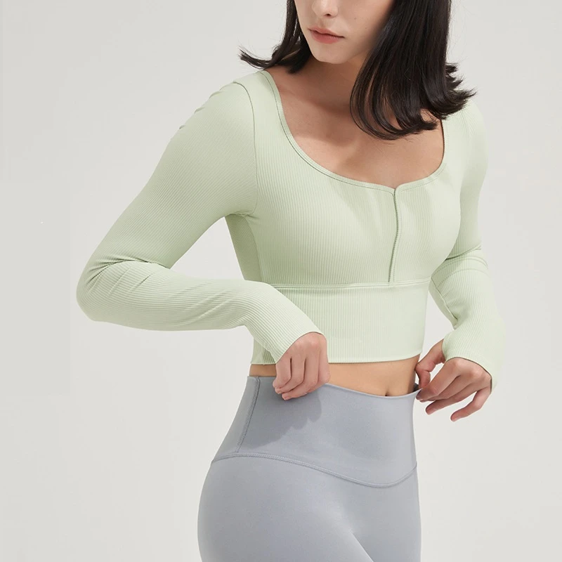 

Ribbed Long Sleeve Yoga Shirt Women Gym Sports Tops Fitness Crop Top Tight T-shirt Fixed Chest Pad Sportswear With Thumb Jack