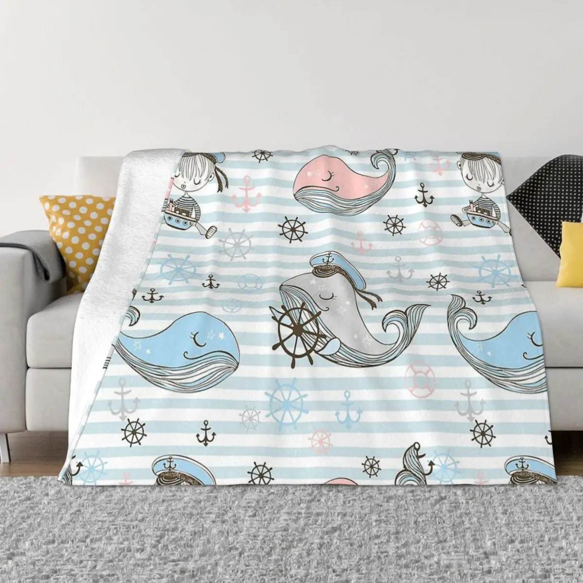 

Ocean Pattern Blanket Flannel Decoration Whale Cute Portable Home Bedspread