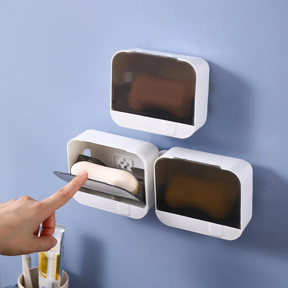 Creative Soap Box Holder Flip Lid Soap Dish for Bathroom Wall Mounted Soap Container with Drain No Drill Soap Organizer