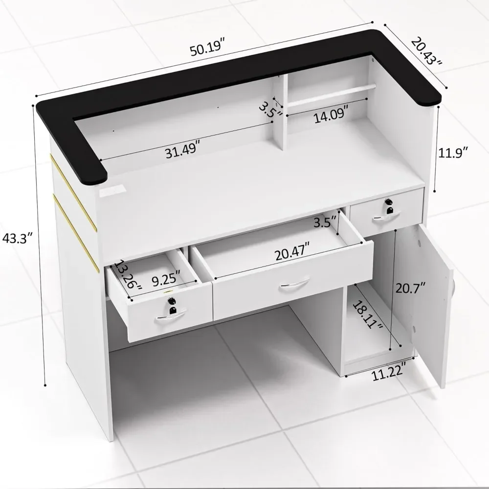 Reception Desk with Counter, Modern Front Table Equipped Lockers & Storage Shelves, 50-inch Checkout Counter with LED Lights 2