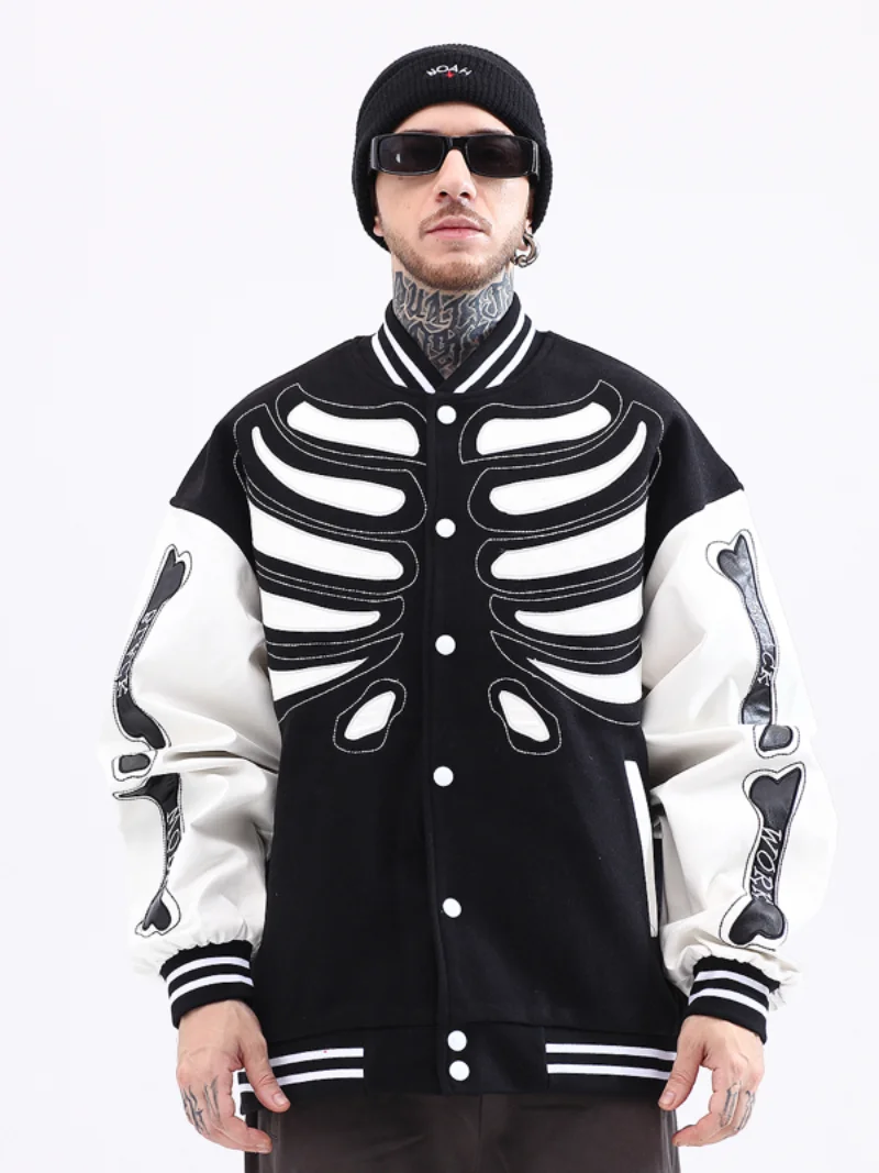 Mens Streetwear Jacket Bone Skeleton Baseball Bomber Jacket Retro Jacket Coat Hip Hop Harajuku Loose Jacket Oversized Unisex