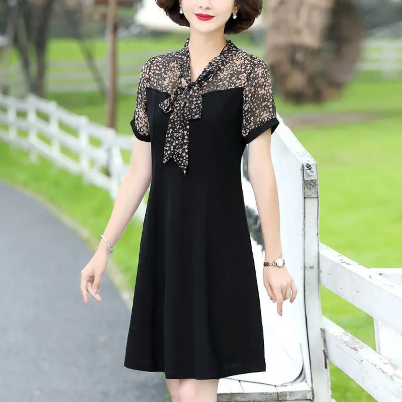 

Women's Clothing V-Neck Drawstring Bow Dresses Vintage Broken Flowers Spliced Summer Short Sleeve Basic A-Line Waist Midi Dress