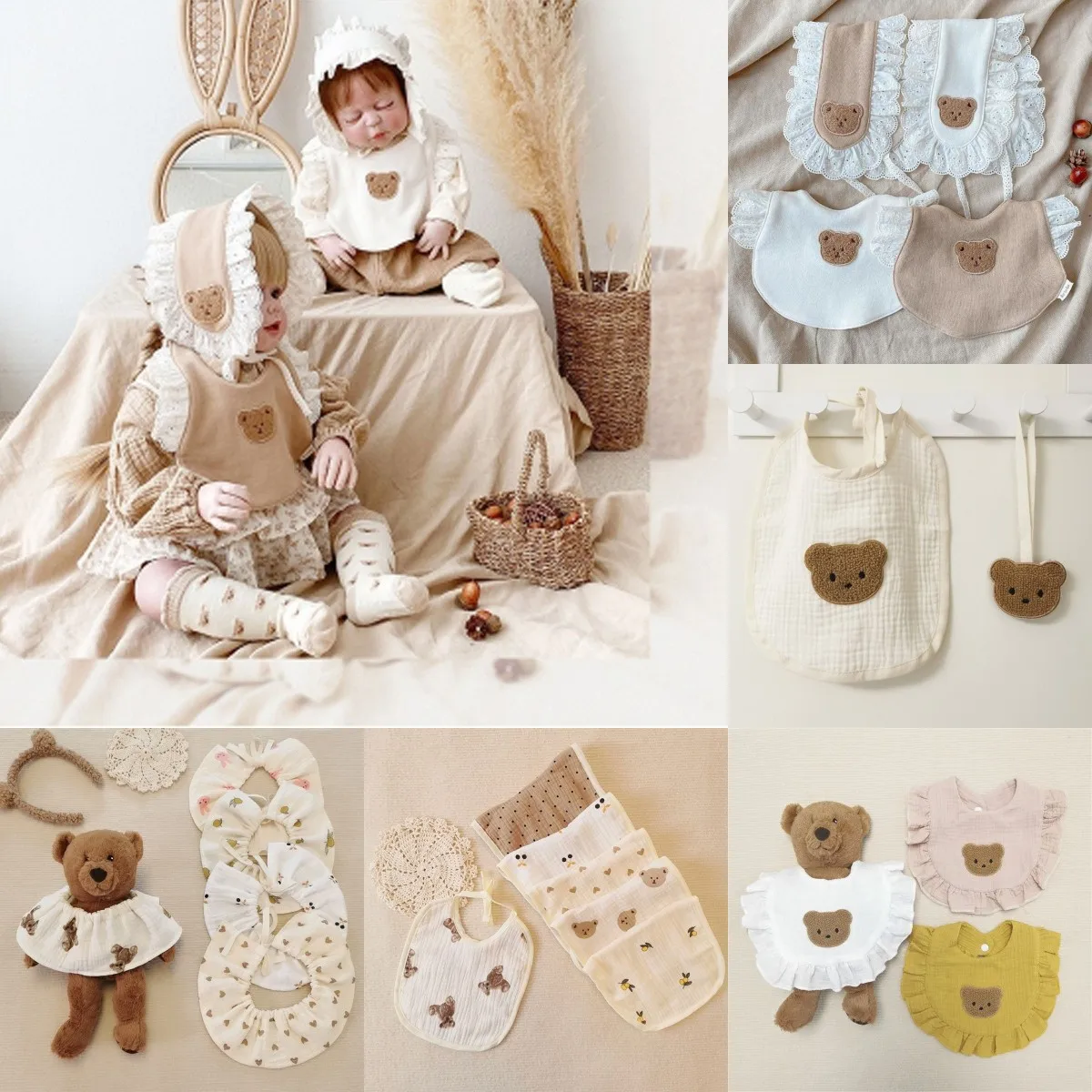Cartoon Bear Embroidery Infant Baby Cotton Drool Bibs with Button Ruffled Toddler Feeding Apron Saliva Towel Burp Cloth