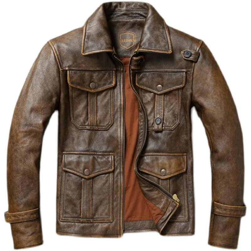 Heavy Milled Vintage Brown Head Layer Real Cowhide Jacket Men 