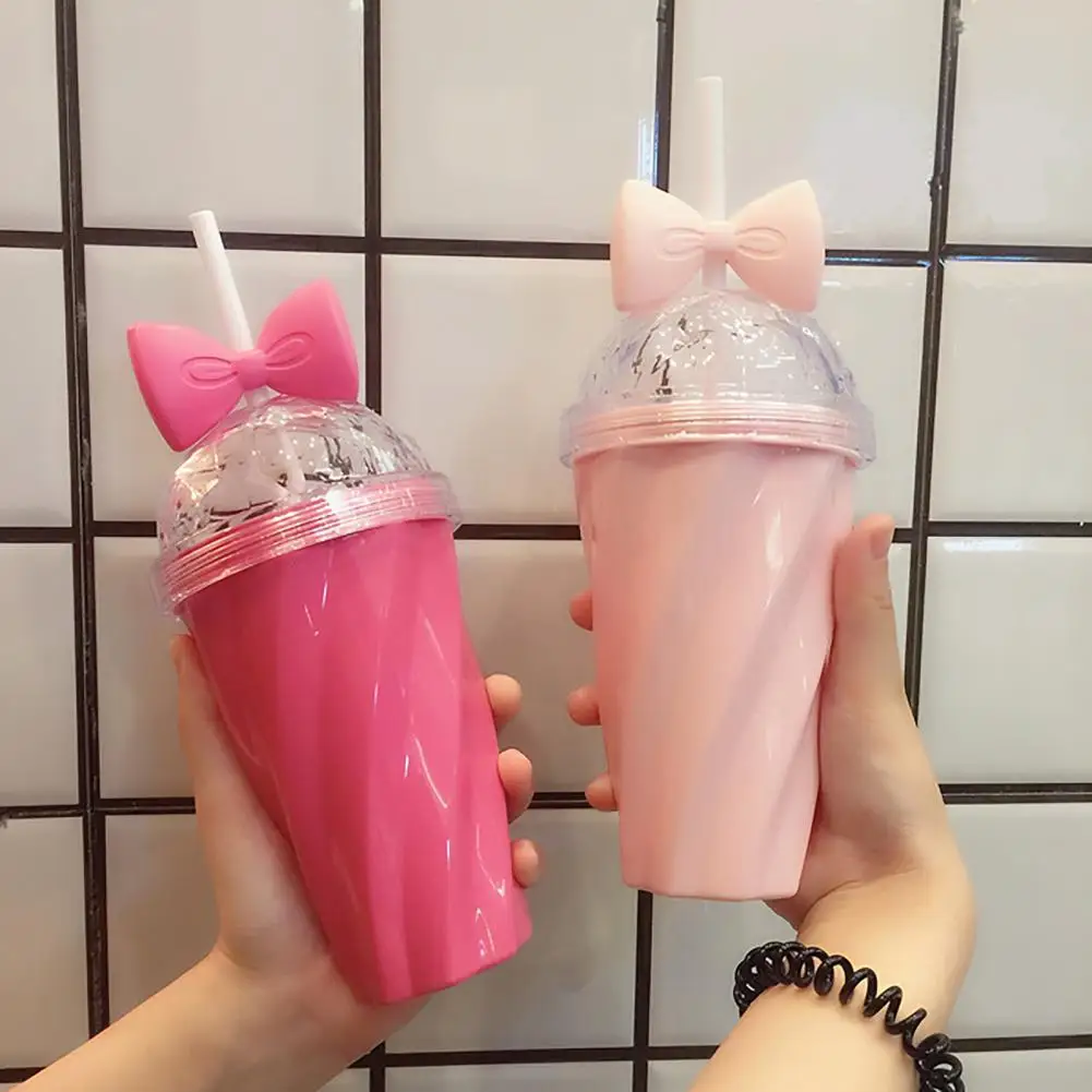 380ml Straw Water Bottle for Grils Water Cup Bowknot Decor Plastic Straw Cup Drinking Bottle botella de agua бутылка для воды