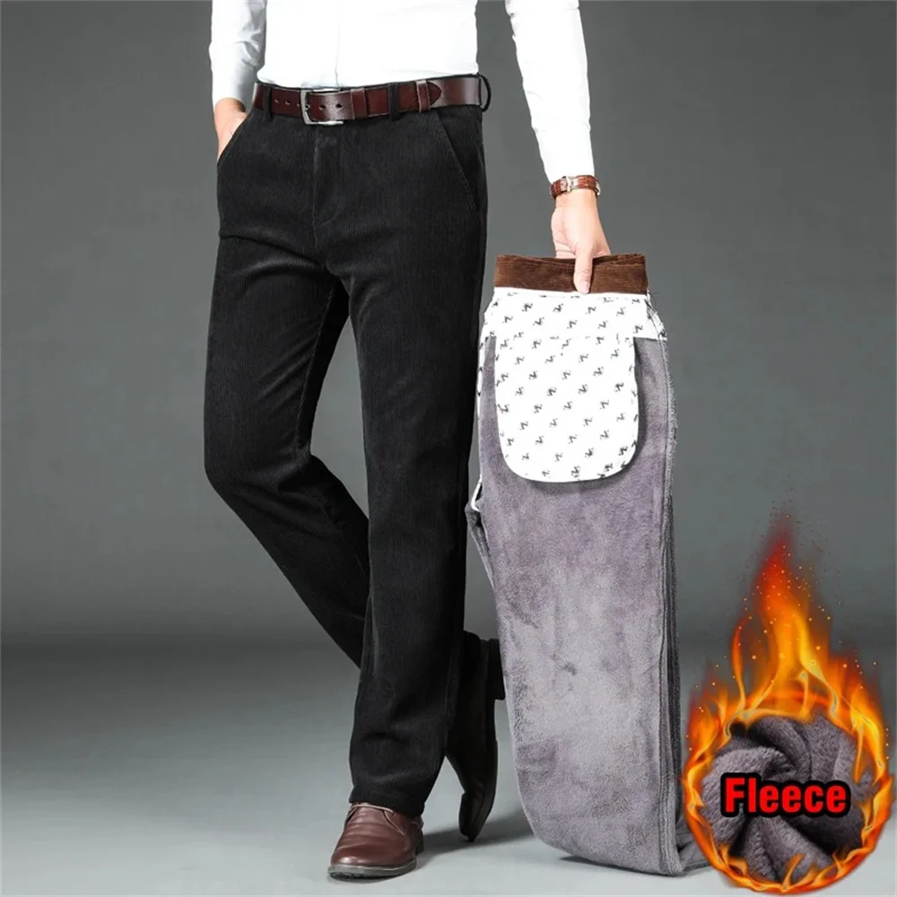 Мужские плюшевые брюки для бизнеса осень-зима, флисовые, вельветовые, повседневные, длинные, модные, классические, с утеплителем, теплые, эластичные брюки.