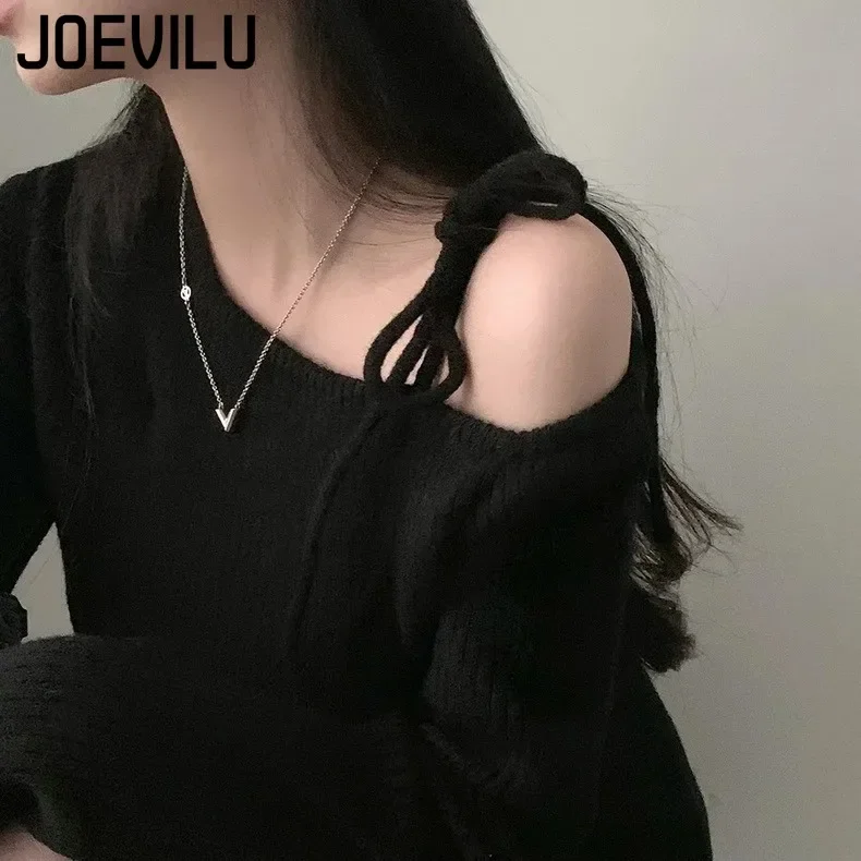 JOEVILU Slanted Collar Tied Irregular Pullover Women's Long Sleeved Knitted Tops Autumn Winter Korean Fashion Red Retro Sweaters 3