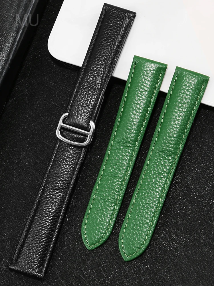 Premium Genuine Leather Quick Release Watch Strap with Solid Steel Buckle - Black Double Tail Design