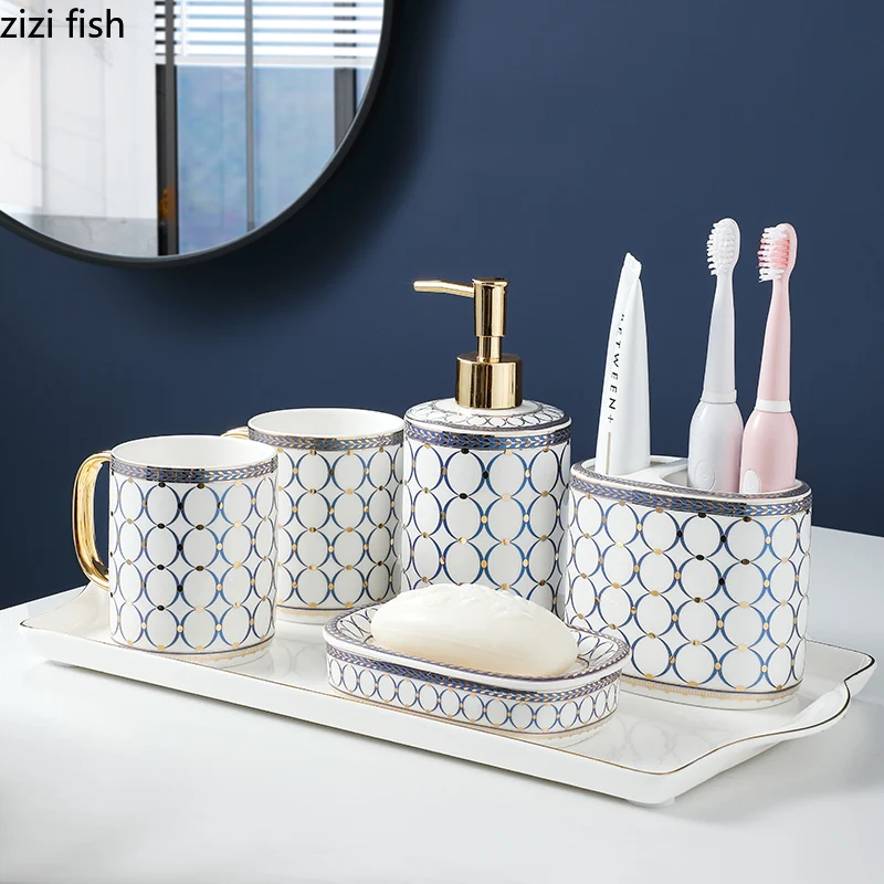 Geometric Decor Painted Bathroom Set Portable Soap Dispenser Tooth Brush Holder Mouth Cup Ceramic Shower Accessories Mirror Tray