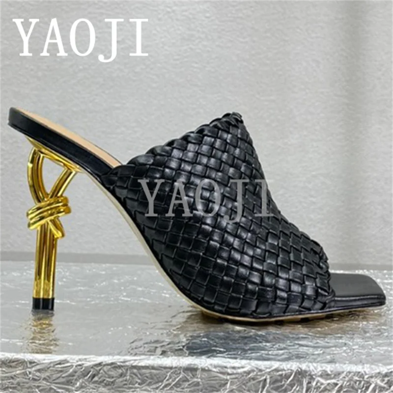 

Square Peep Toe Thin High Heels Slippers Women Genuine Leather Weaving Fashion Mules Slippers Summer Sexy Runway Shoes Woman