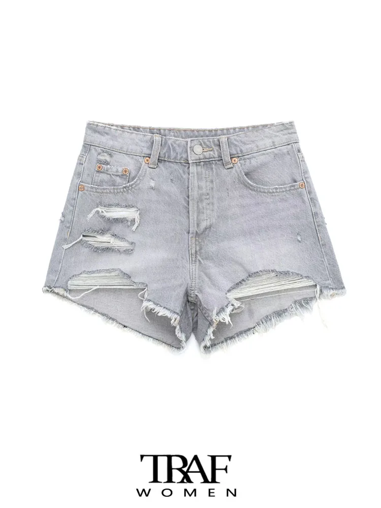 

TRAF Women Fashion With Pockets Ripped Frayed Hem Shorts Vintage High Waist Button Fly Female Short Pants Mujer