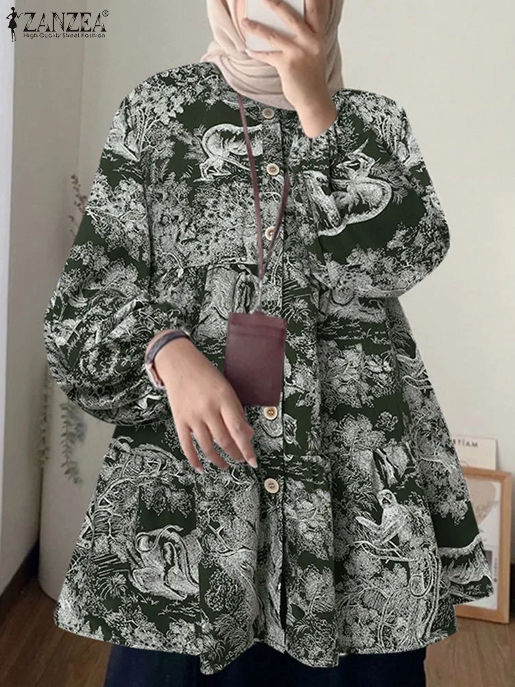 

ZANZEA Fashion Floral Printed Blouse Woman Puff Sleeve O-Neck Tunic Tops Bohemian Casual Holiday Shirt Elegant Ramadan Blusas