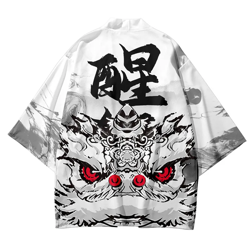 

Vintage Lion Dance Print Shirt Traditional Samurai Kimono Women Men Harajuku Haori Japanese Beach Yukata Streetwear Cardigan