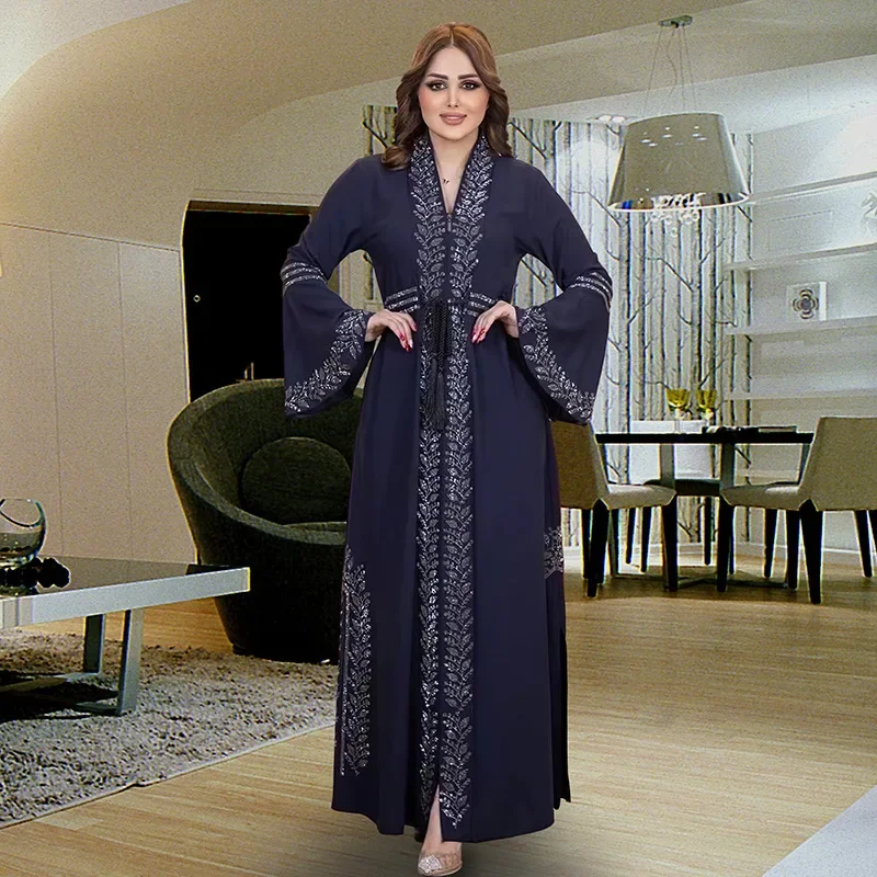 Plus-size Women\'s Dress Women Muslim Abayas Flared Long Sleeve  Loose Maxi Dress Female Casual Solid Abaya Vestidos Lace-up Robe