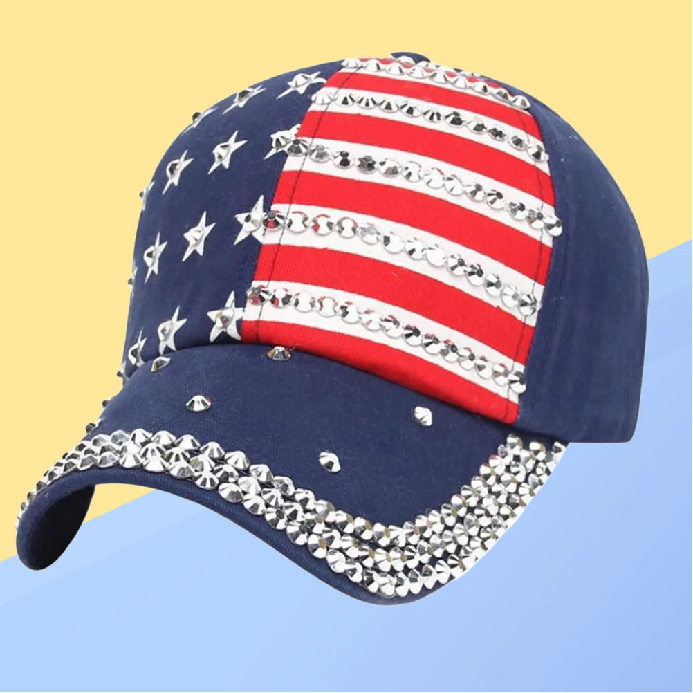 

American Flag Patriotic Flag Baseball Sparkle Rhinestone Hat for Women (Blue)