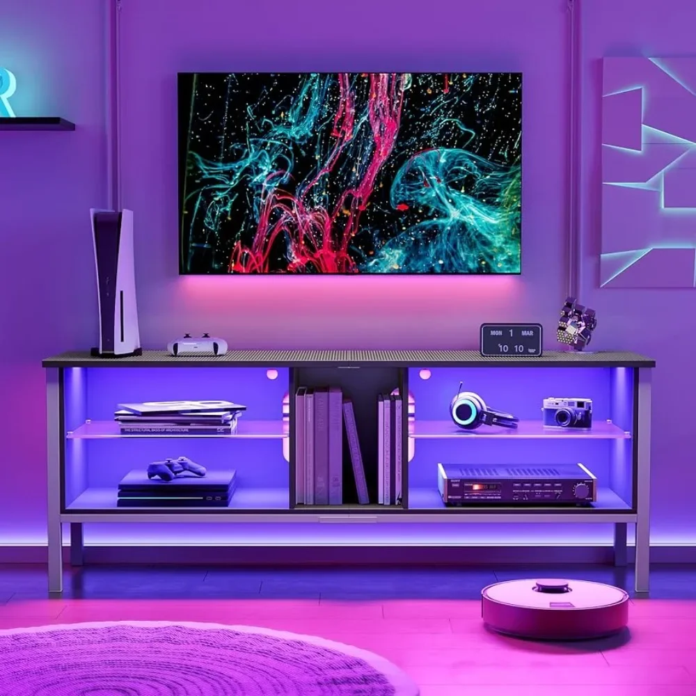 

Fits TVs Up to 75 Inch Stand Tv Standing Gaming Entertainment Center for 65+ Inch TV With LED Lights & Adjustable Glass Shelves