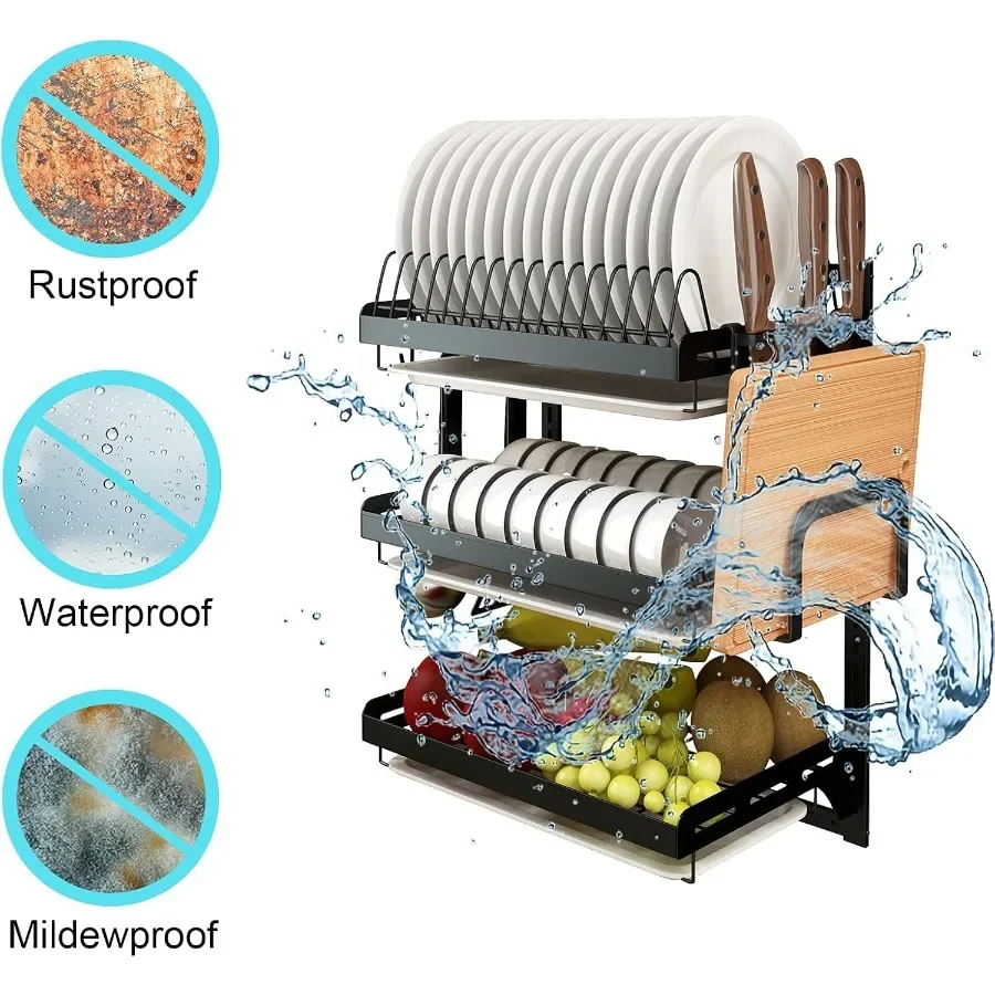 Wall Mounted Stainless Steel Dish Drying Rack Fruit Vegetable Storage Basket with Drainboard and Hanging Chopsticks Cage Knife