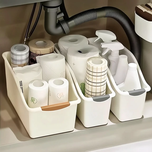 2/3pcs Plastic Under Sink Organizer with Wheels, Bottle Organization Bins Kitchen Cabinet Organizers Plastic Basket for Under