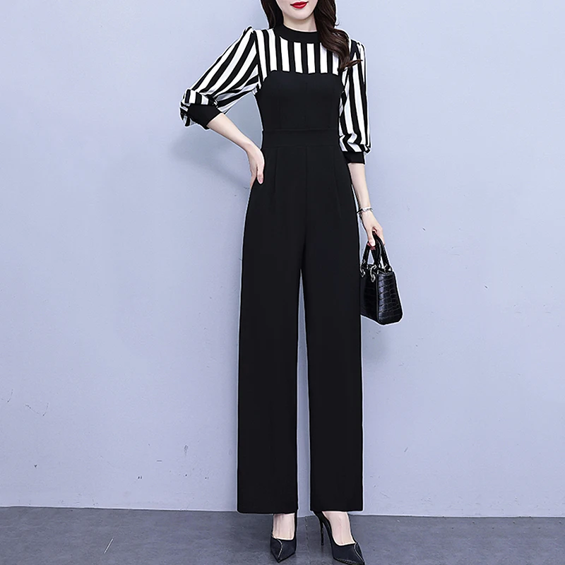Casual Striped Patchwork Jumpsuit Women Spring Summer High Waist
