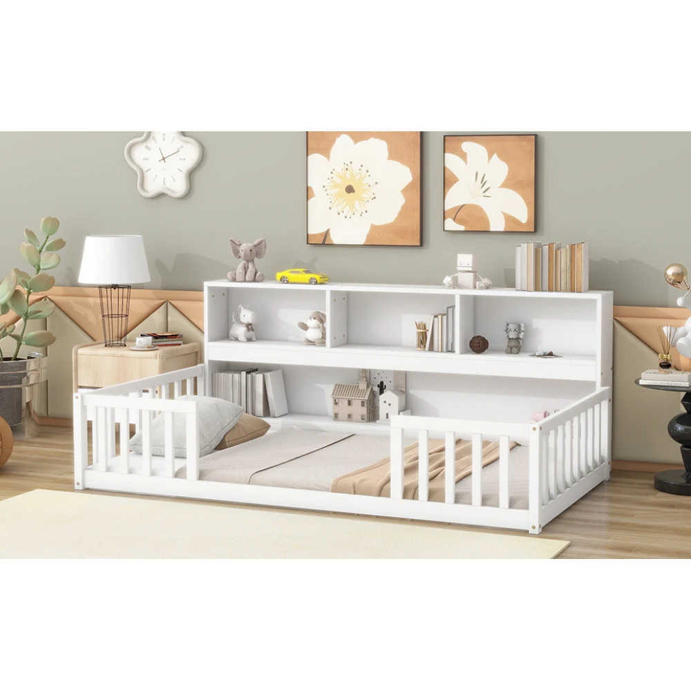Twin Floor Bed with Bedside Bookcase,Shelves,Guardrails,White 6