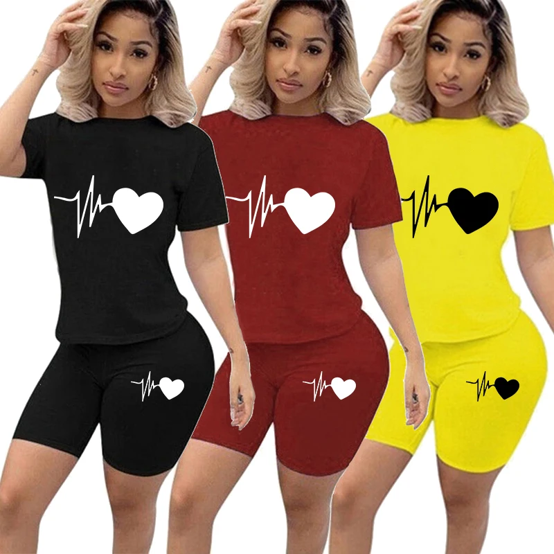 New Summer Women Fashion Solid Color Print 2 Piece Sets Casual Sports Suit Short Sleeve T-shirt + Shorts S-3XL