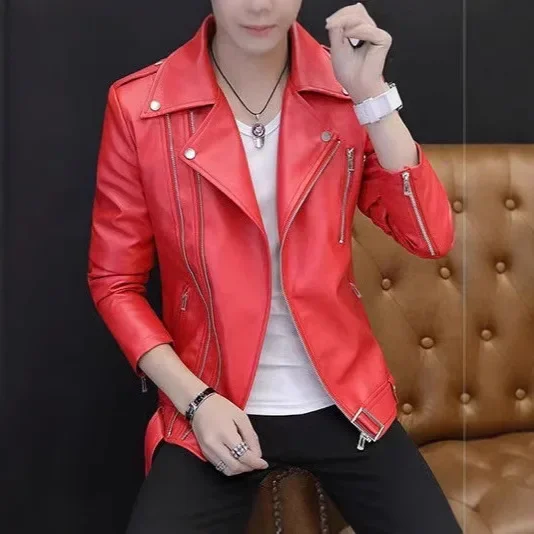 White Leather Jacket Men's Spring Autumn Fashionable Handsome New Style Outerwear Casual Loose Fit Male Clothing