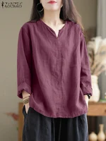 Vintage Women Cotton Blouse Autumn V Neck Long Sleeve Tops 2025 ZANZEA Retro Solid Loose Shirt Female Work Tunic Blusas Mujer - Image 5