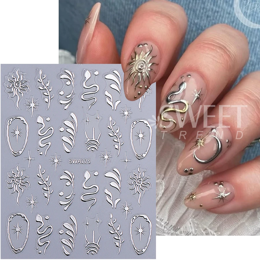 2pcs Metallic Leaves Snake Nail Stickers 3D Gold Silver Stars Sun Line Design Nail Decals DIY Holographic Manicure Slider Decor