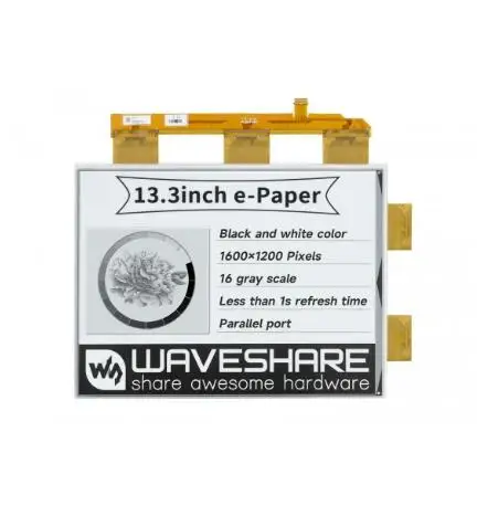 

Waveshare 13.3inch e-Paper e-Ink Raw Display, 1600×1200, Black / White, 16 Grey Scales, Parallel Port, Without PCB