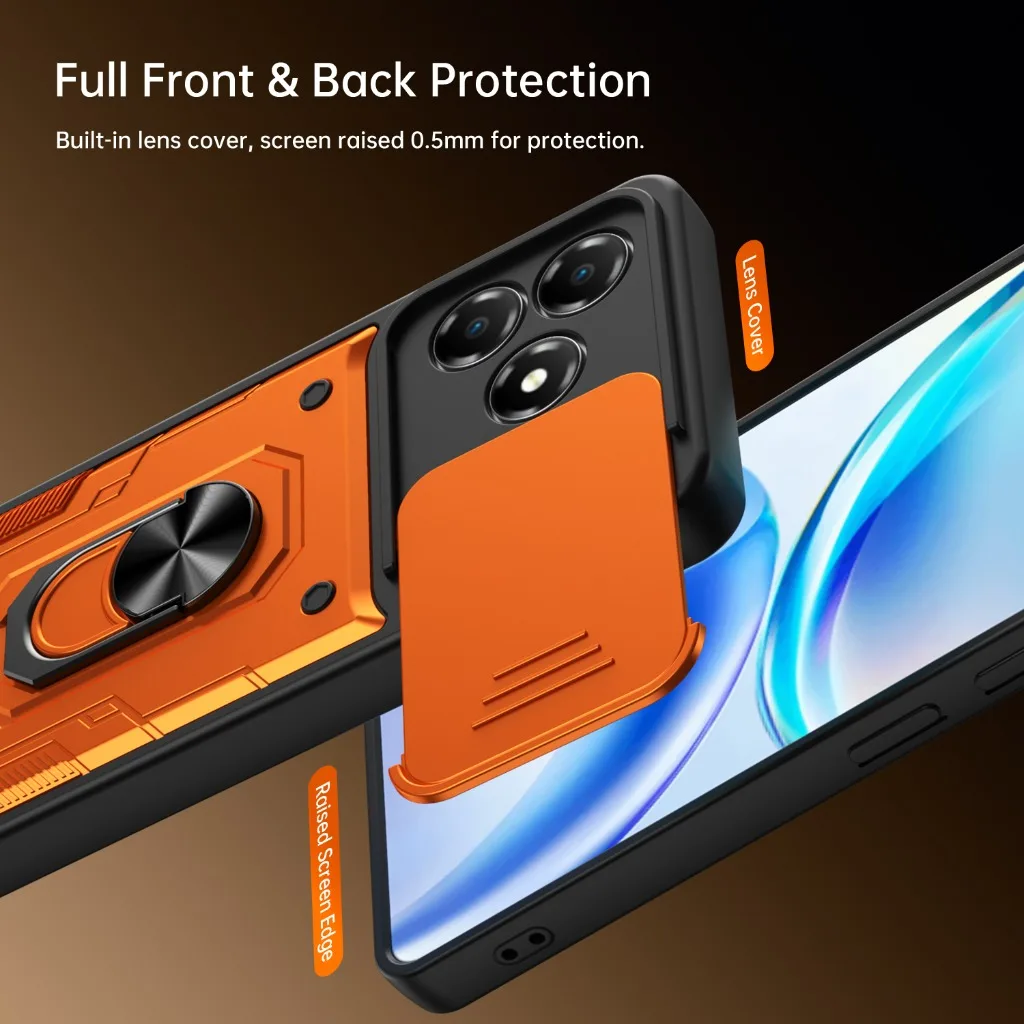 Shockproof Armor Phone Case with Slide Camera Protection and 360° Rotating Ring Holder Kickstand