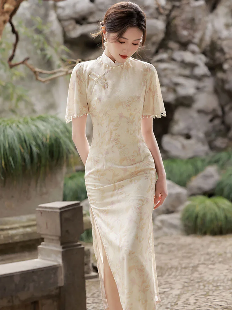 2023 Spring Traditional Cheongsam Short Sleeve Soft Vintage Dress Slim Party Wedding Costumes Elegant Long Qipao S To XXL