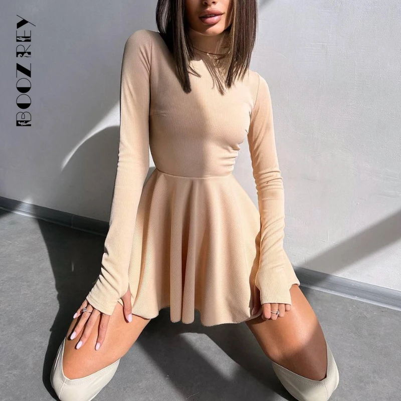 

BoozRey Turtleneck Solid Long Sleeve Elegant Dress for Women A-line Bottoming Outfit Casual Autumn Winter Basic Dress Streetwear
