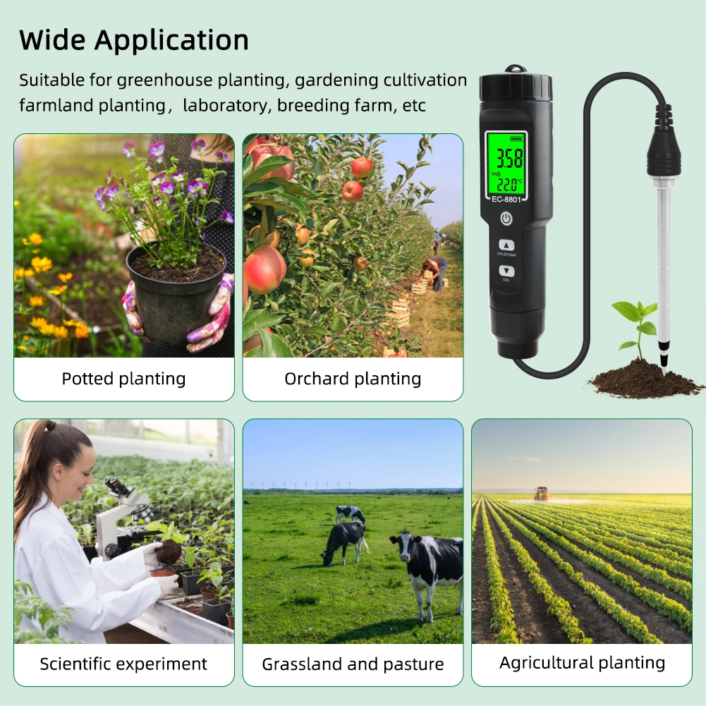 Soil EC Tester 0.00~10.00mS/cm Conductivity Soil EC PH Meter Detachable Probe Au