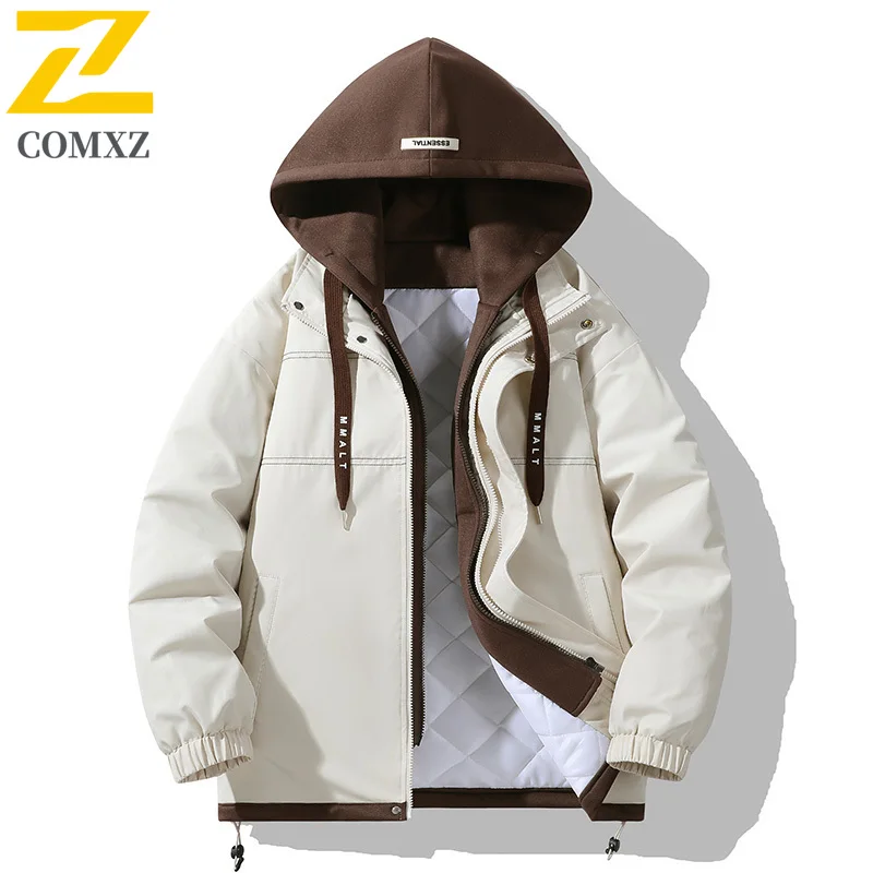 COMXZ Men Hooded Two-Layer Jacket Spring Autumn Hong Kong Style Waterproof Windbreaker Casual Streetwear Loose Fit Outdoor Coat