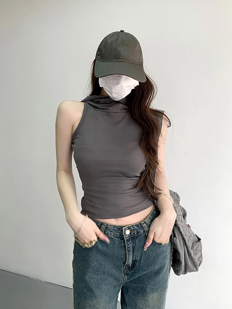 Summer New Tank Top Hooded Vest Women's Tops Streetwear Design Slim Fit Sleeveless Crop Top Solid Color Girls Clothing